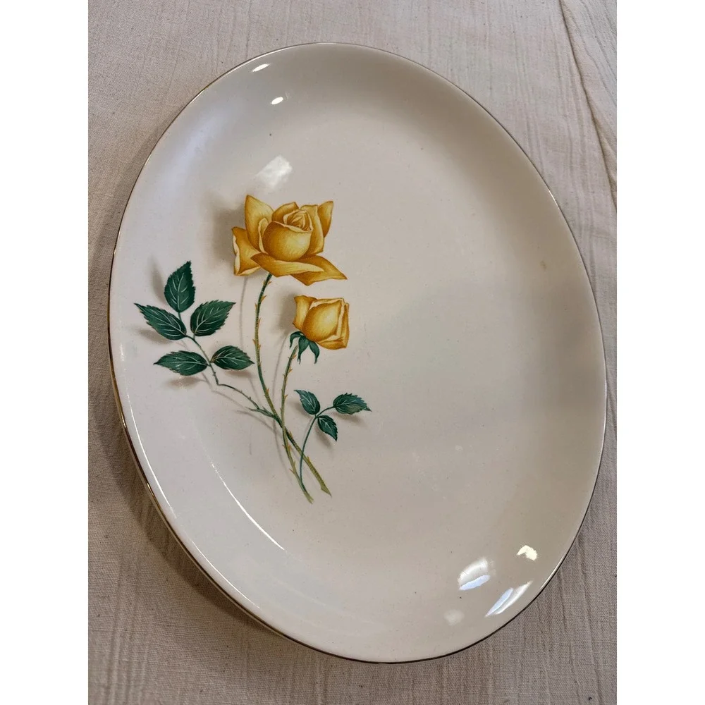 Canonsburg Pottery Simplicity Yellow Rose Oval Serving Platter Gold Trim 13in